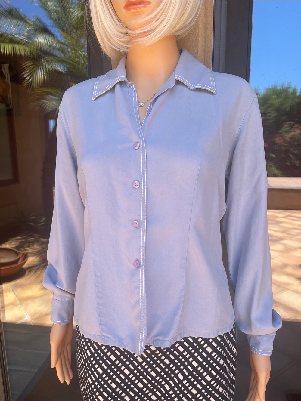 Soft Pale Blue Button-Down Women's Shirt with Contrast Stitching